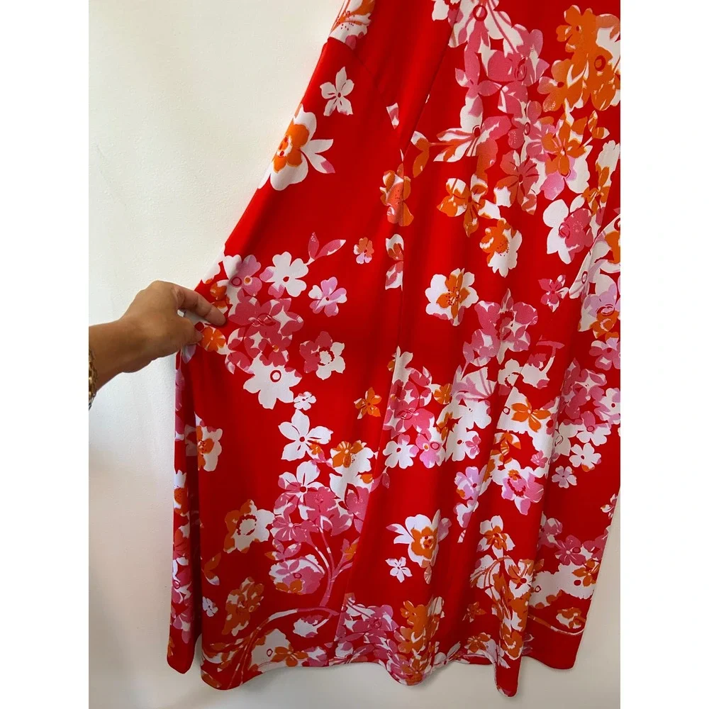Susan Graver Floral Maxi Dress Womens XL Red Sleeveless Excellent Stretch Knit
